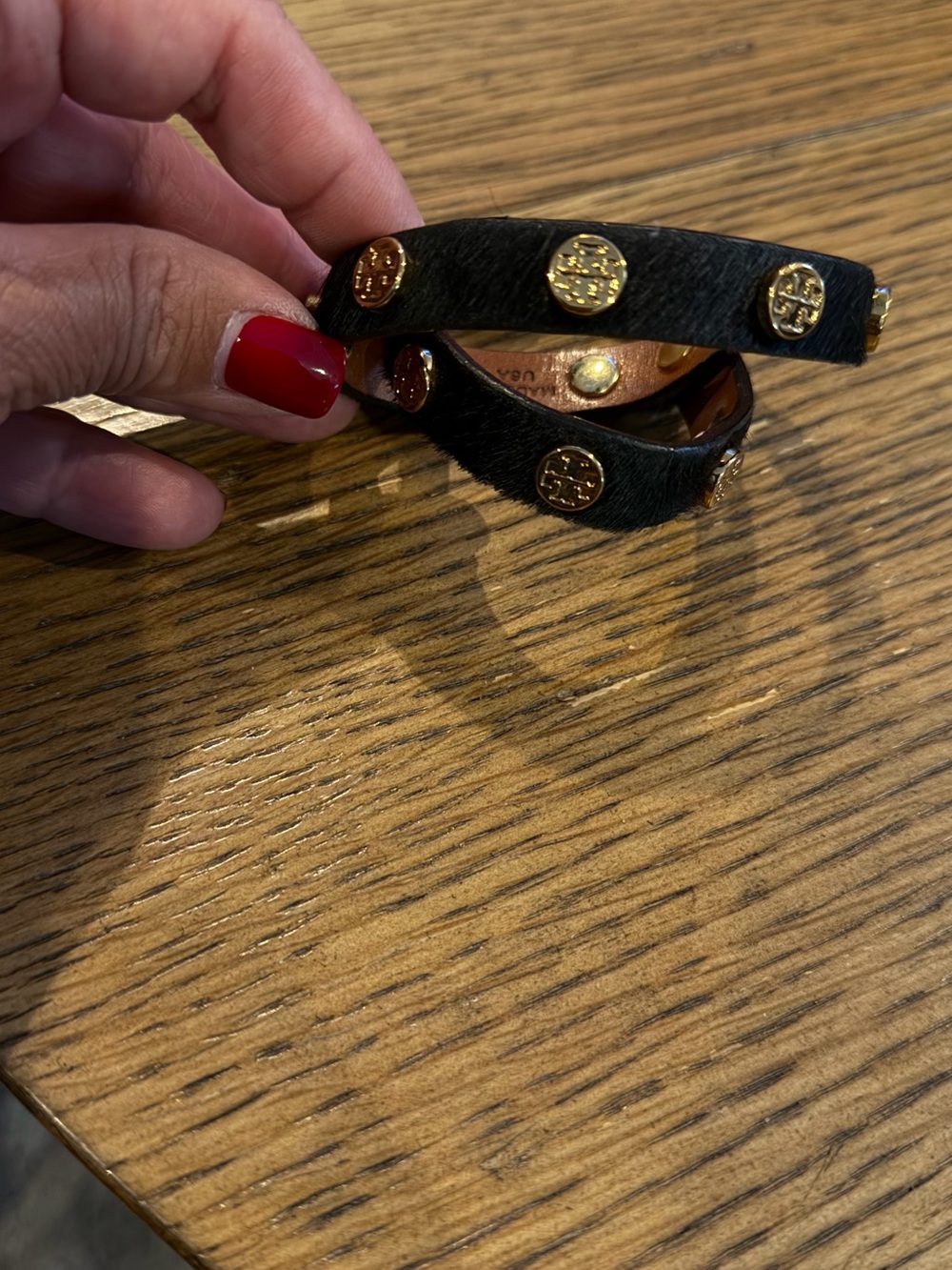 Tory Burch Black Pony Hair Double-Wrap Bracelet with Gold Logo Studs